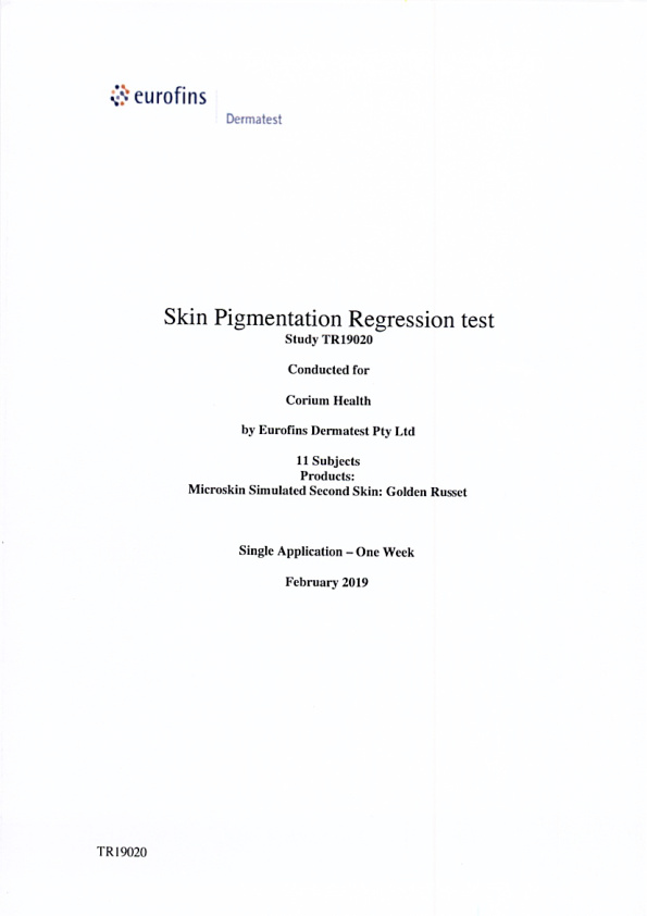 First page of Pigment Regression Study — Eurofins Dermatest TR19020, original PDF