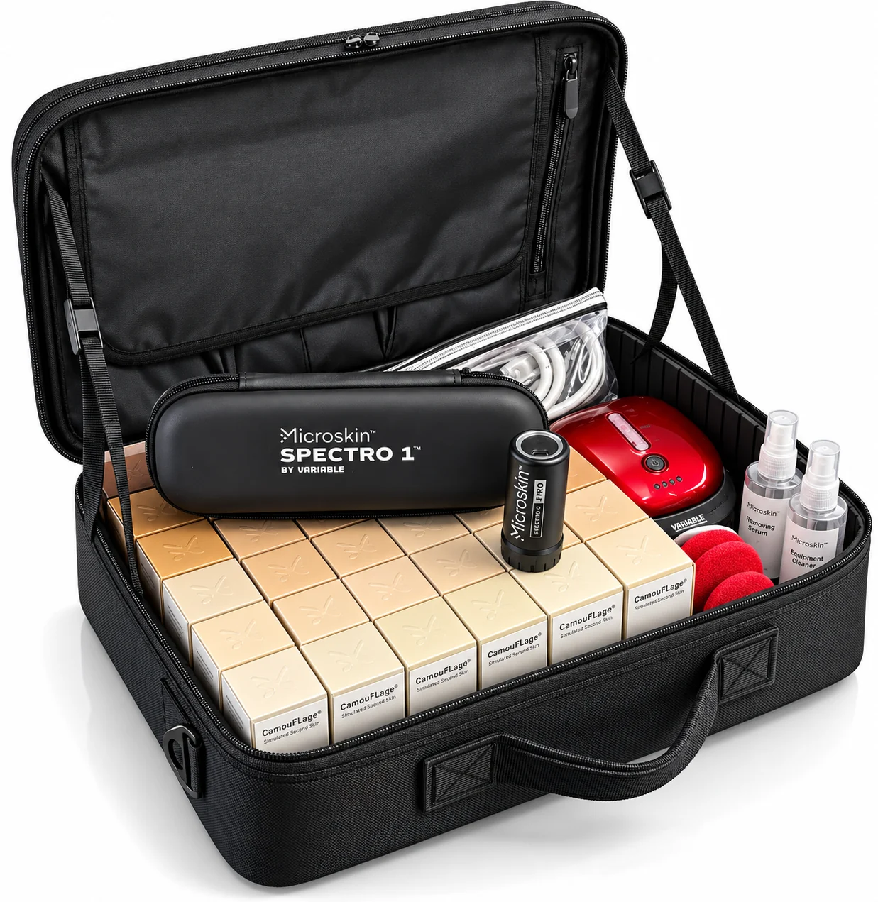 Open Microskin professional clinic kit with colour-matching equipment, application equipment and Microskin Camouflage products.